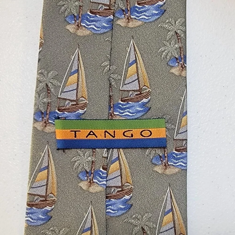 Tango Mens Coastal Silk Tie Sailboat Palm Tree Nautical Neutral Beach‎ Long